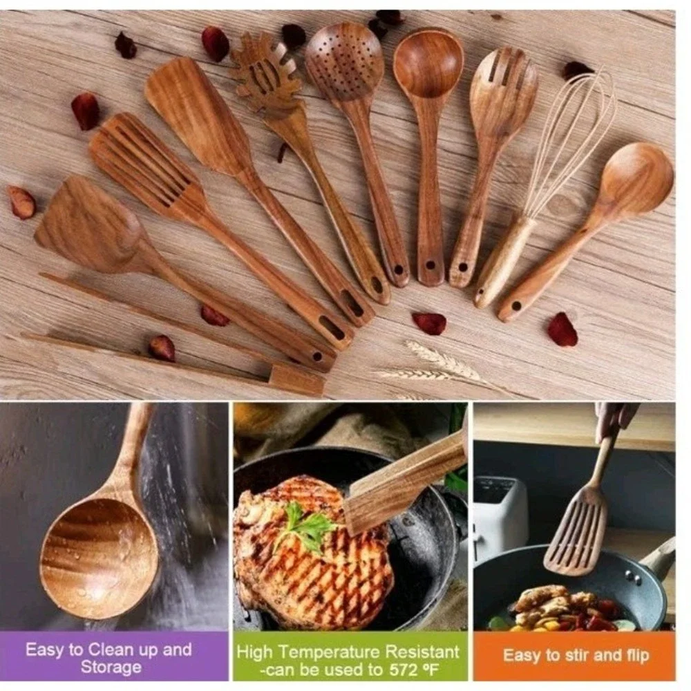 Kitchen Utenails Set‎ with Holder,Kitchen Wooden Utensils for Cooking 11 Piece